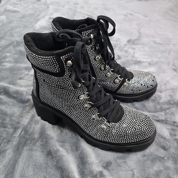 ShoeDazzle Rhinestone Combat Boots Women 8.5 Black Chunky Heel Party Ready - Picture 2 of 11